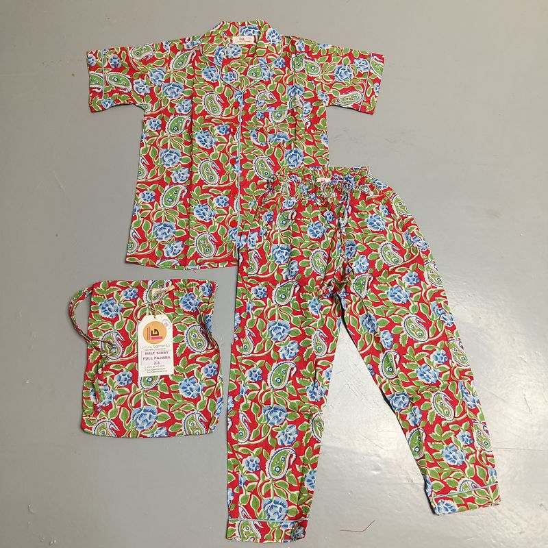 1-2 Year Cotton Short Sleeves Shirt Collar Neck Full Pajama Set