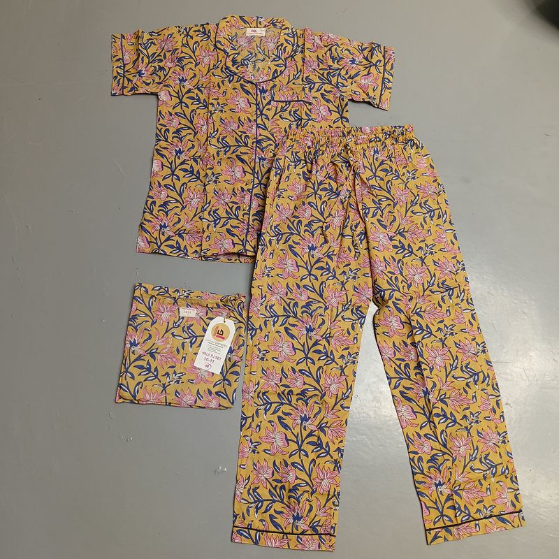 10-11 Year Cotton Half Sleeves Shirt Collar Neck Full Pajama Set