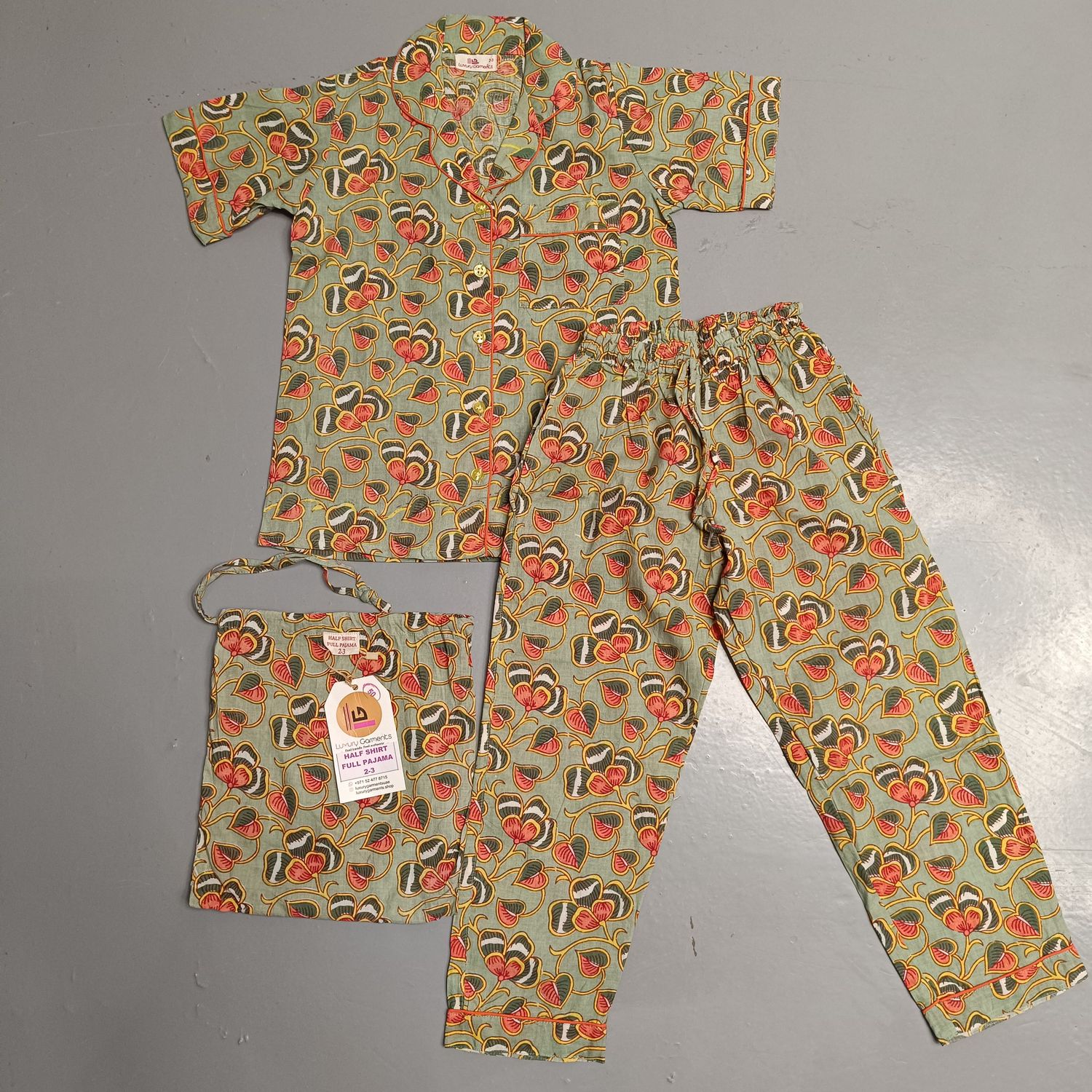 2-3 Year Cotton Full Sleeves Shirt Collar Neck Full Pajama Set
