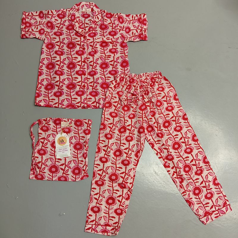 4-5 Year Cotton Full Sleeves Shirt Collar Neck Full Pajama Set