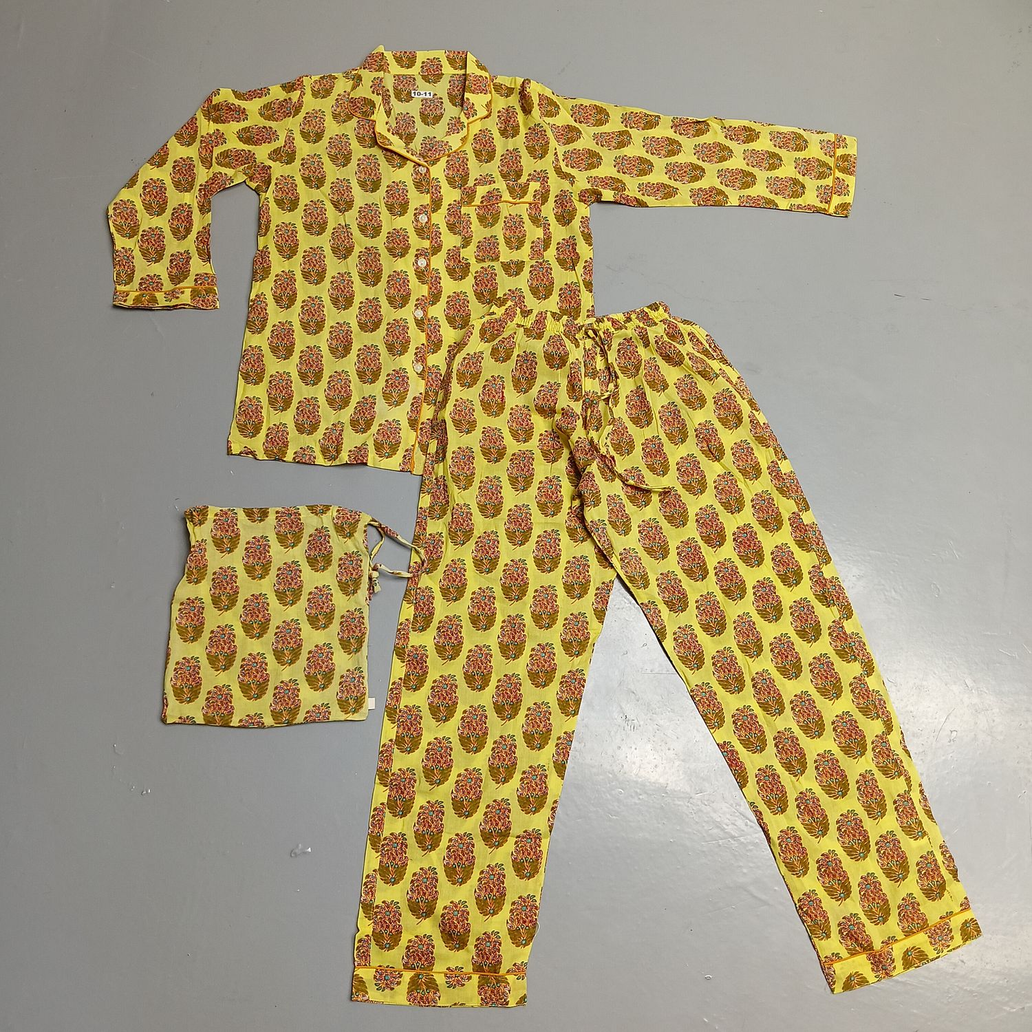 10-11 Year Cotton Short Sleeves Shirt Collar Neck Full Pajama Set