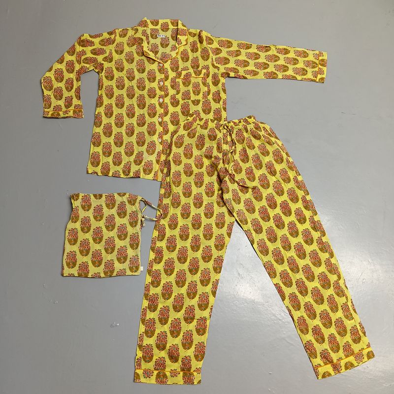 10-11 Year Cotton Short Sleeves Shirt Collar Neck Full Pajama Set