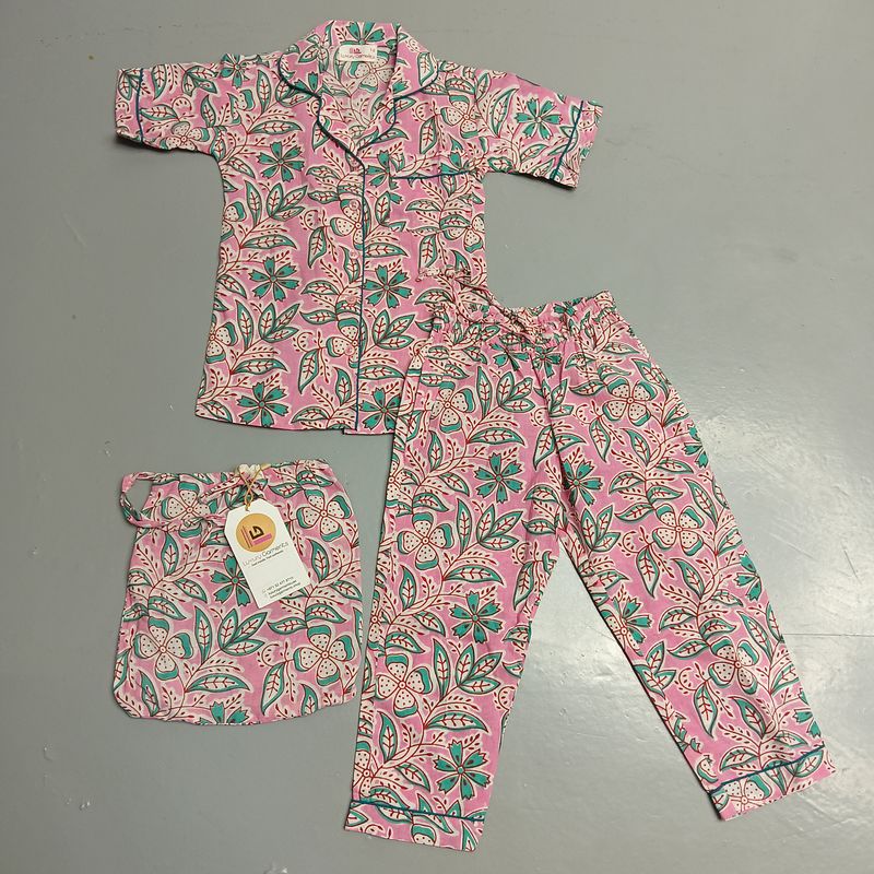 2-3 Year Cotton Half Sleeves Shirt Collar Neck Full Pajama Set
