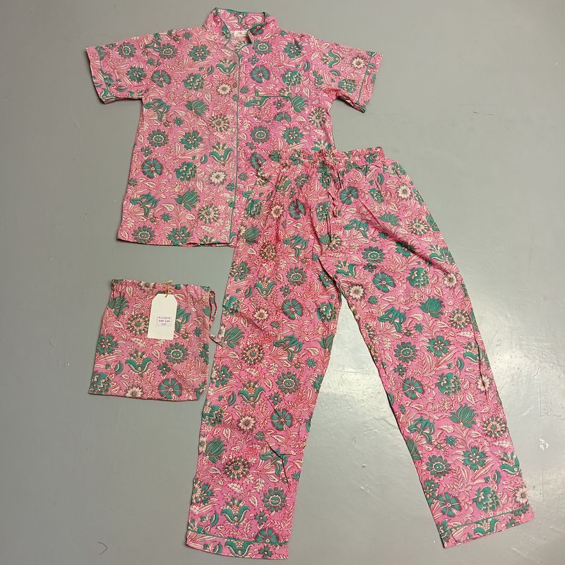 10-11 Year Cotton Half Sleeves Shirt Collar Neck Full Pajama Set