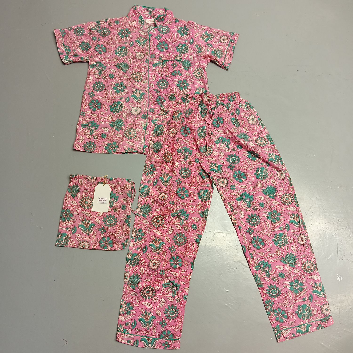 12-13 Year Cotton Short Sleeves Shirt Collar Neck Full Pajama Set