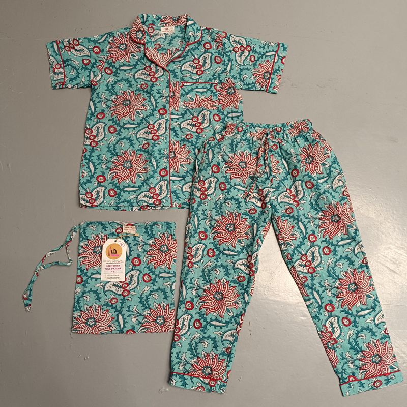 10-11 Year Cotton Half Sleeves Shirt Collar Neck Full Pajama Set