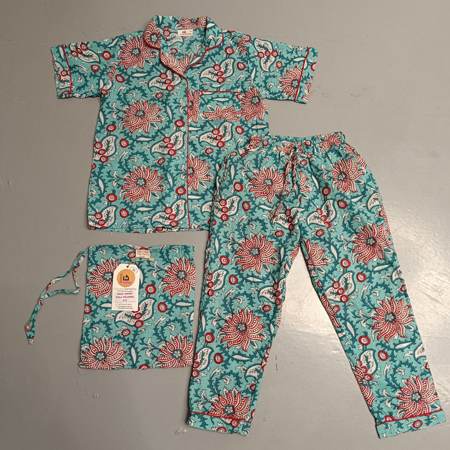 4-5 Year Cotton Half Sleeves Shirt Collar Neck Full Pajama Set