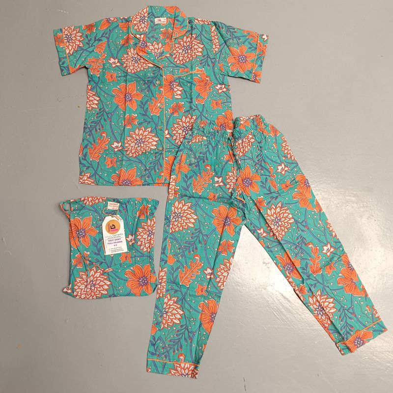 6-7 Year Cotton Half Sleeves Shirt Collar Neck Full Pajama Set