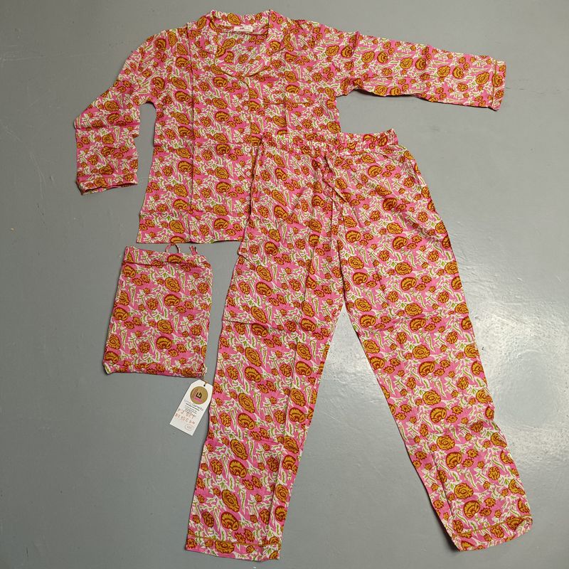 S-M Full Sleeves Collar Neck Cotton Full Pajamas Set