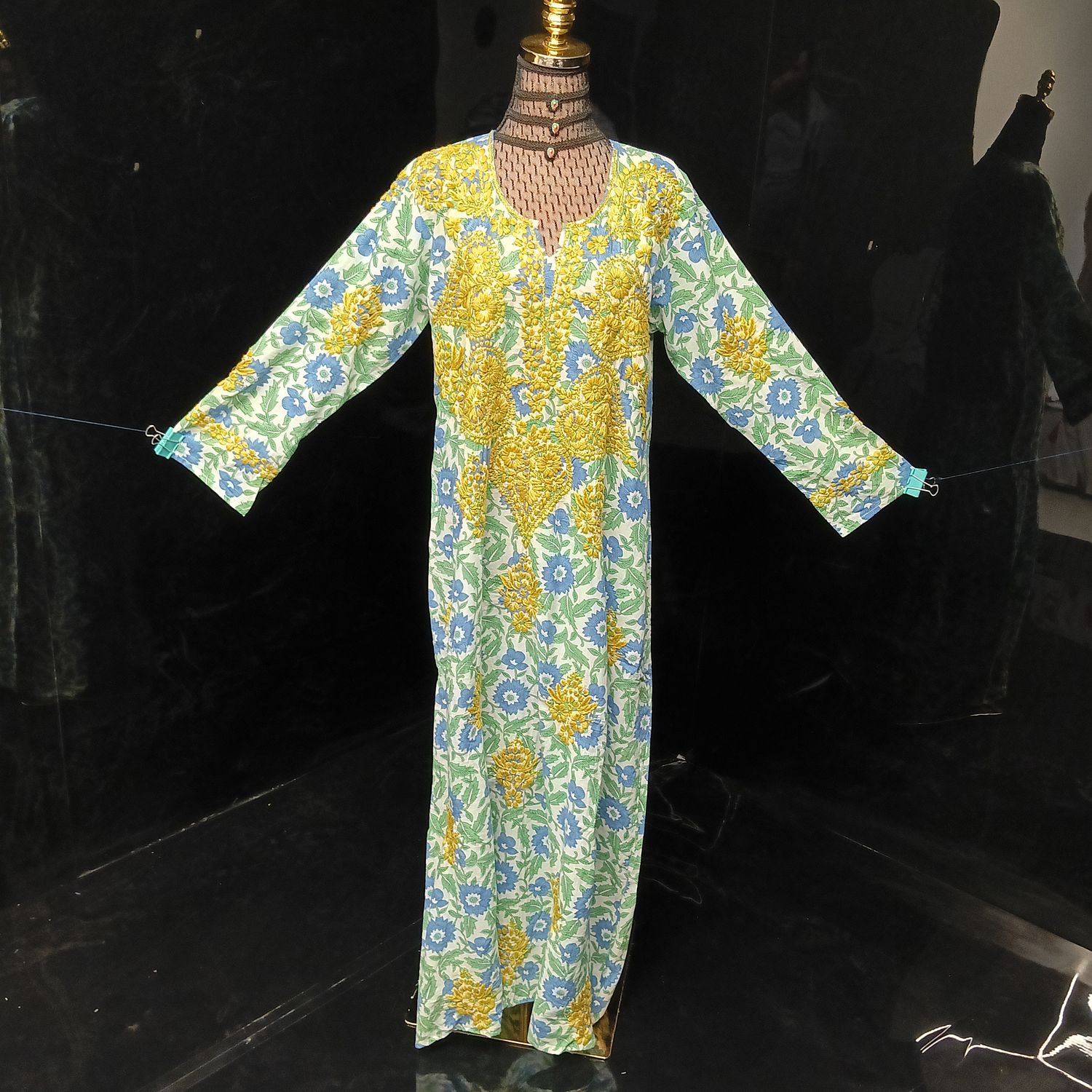 L/XL Fahar Embroidery Printed Cotton Dress 57" Long Jalabiya