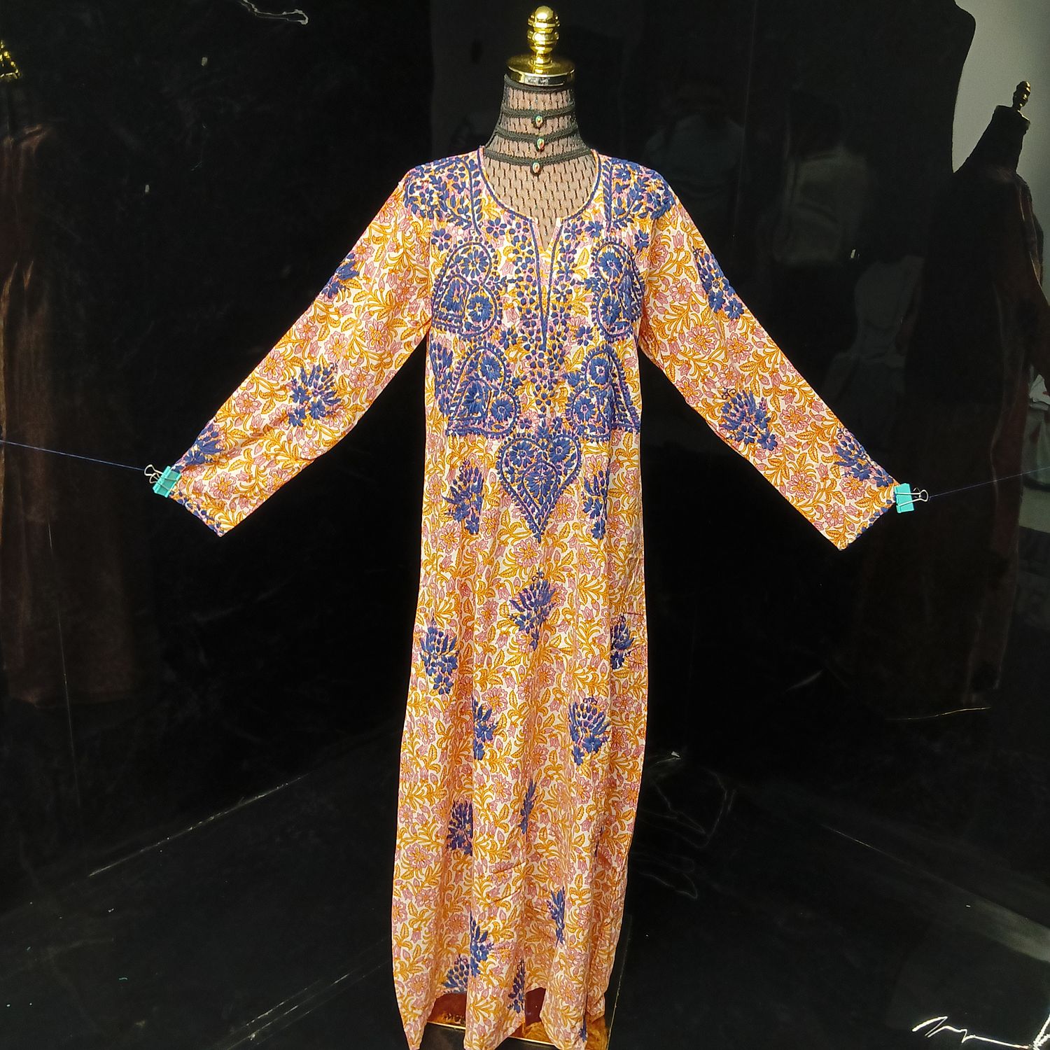 L/XL Fahar Embroidery Printed Cotton Dress 57" Long Jalabiya