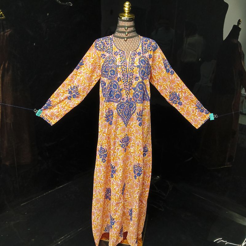 L/XL Fahar Embroidery Printed Cotton Dress 57" Long Jalabiya