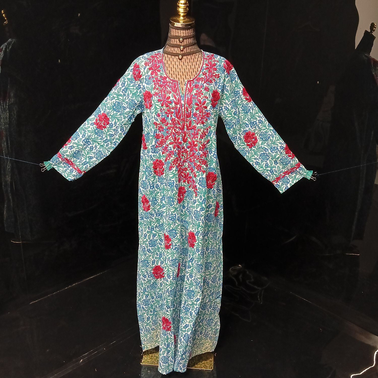 S/M Fahar Embroidery Printed Cotton Dress 57" Long Jalabiya