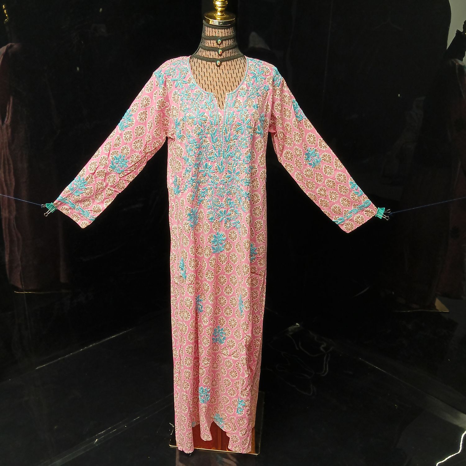 S/M Fahar Embroidery Printed Cotton Dress 57" Long Jalabiya