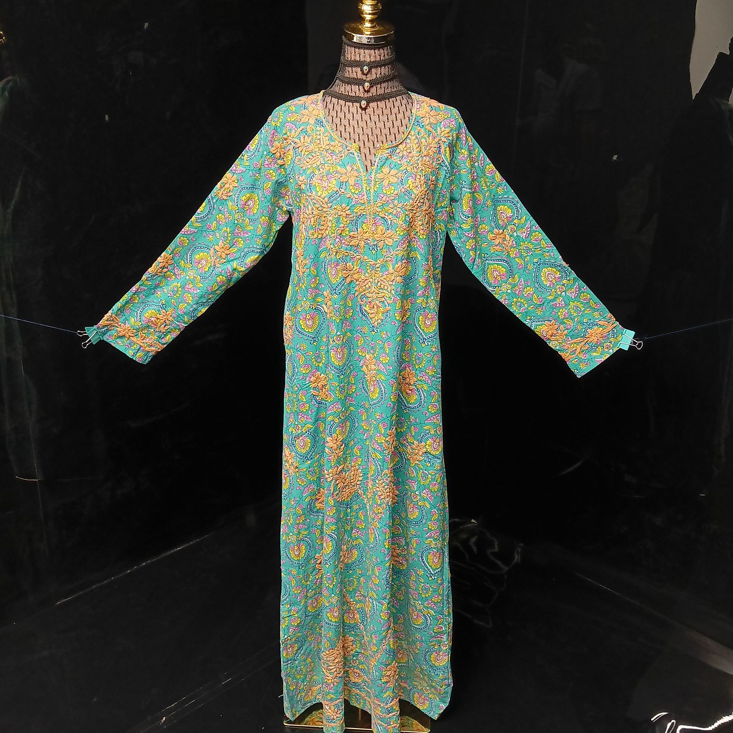 S/M Fahar Embroidery Printed Cotton Dress 57" Long Jalabiya