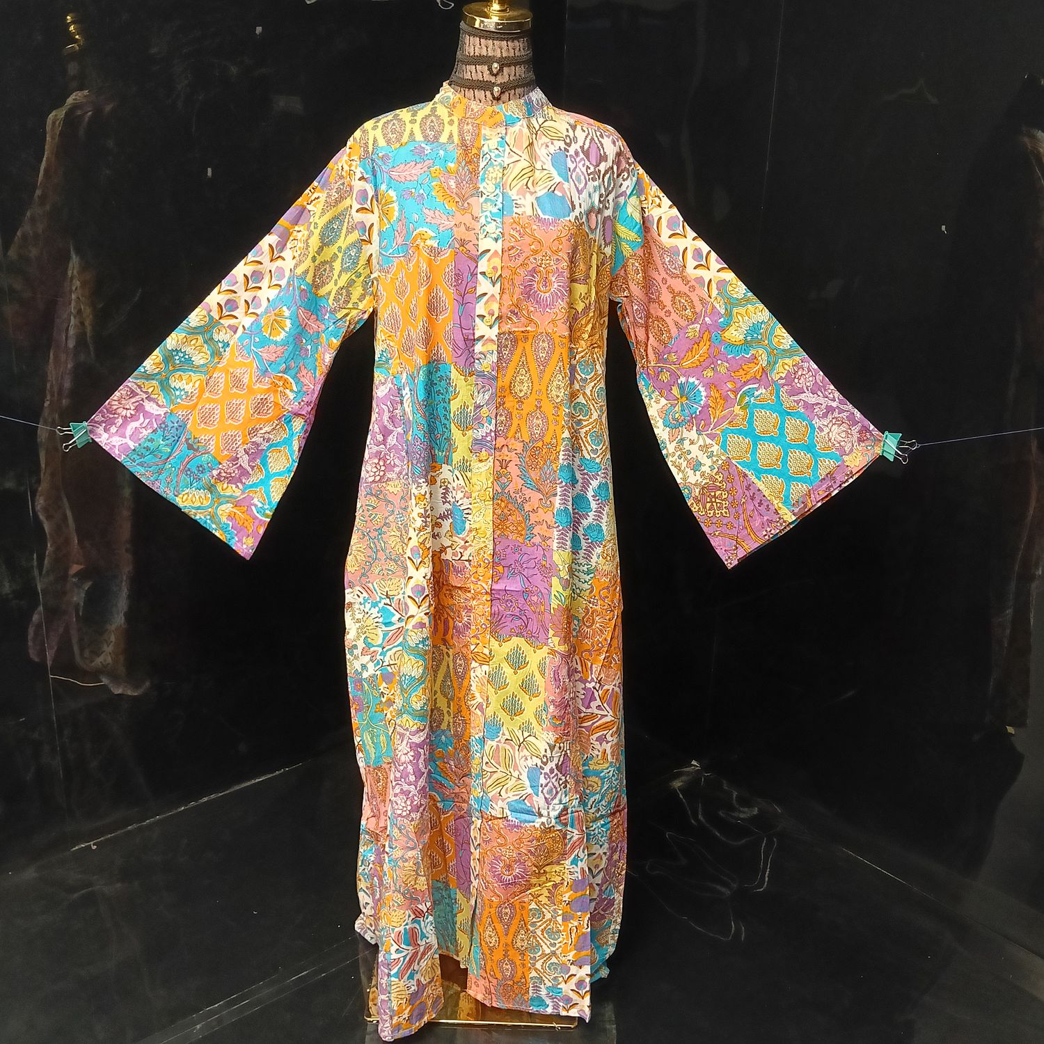 L-XL Darra Multi Printed Cotton Dress 57" Long Jalabiya