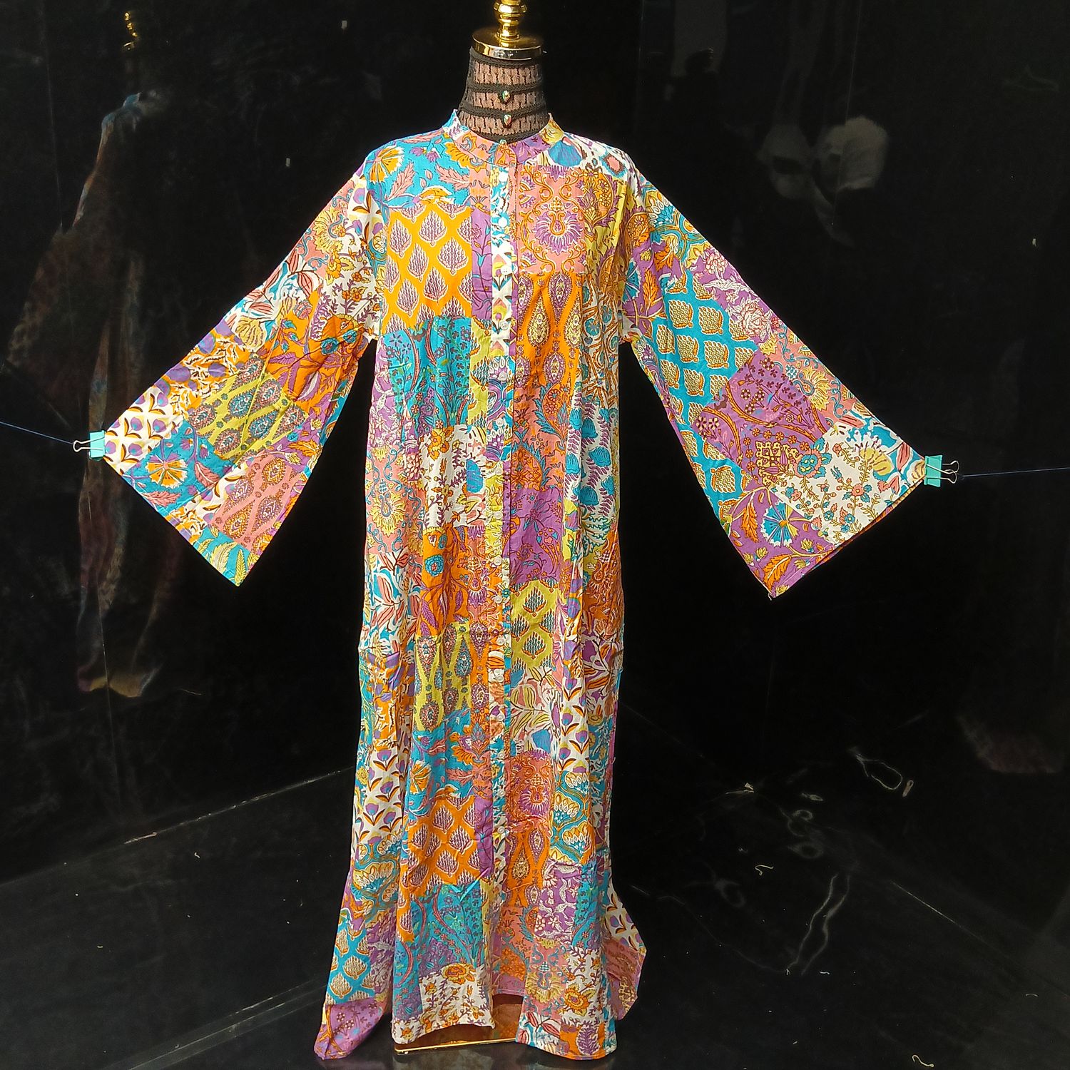 L-XL Darra Multi Printed Cotton Dress 57" Long Jalabiya