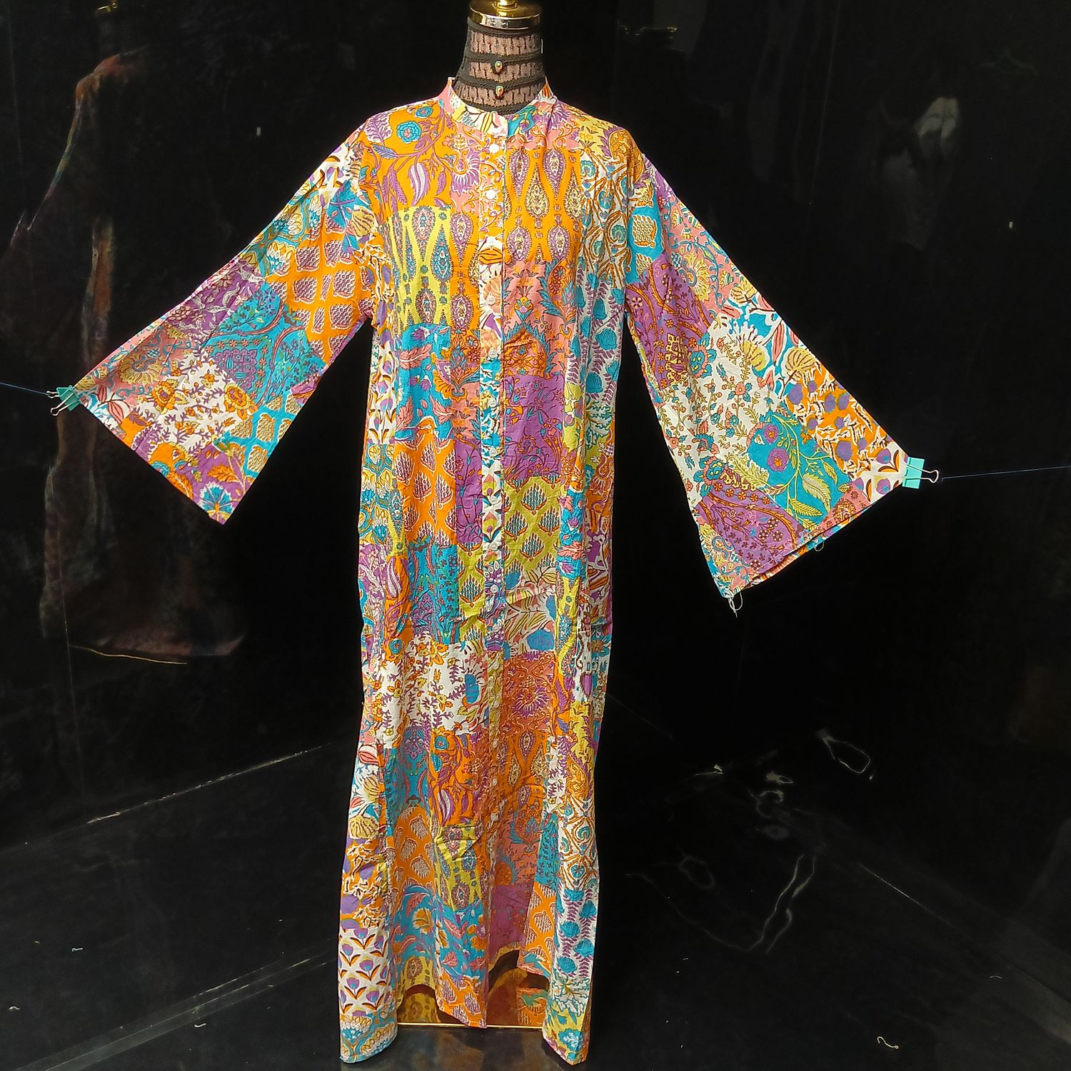 L-XL Darra Multi Printed Cotton Dress 57" Long Jalabiya