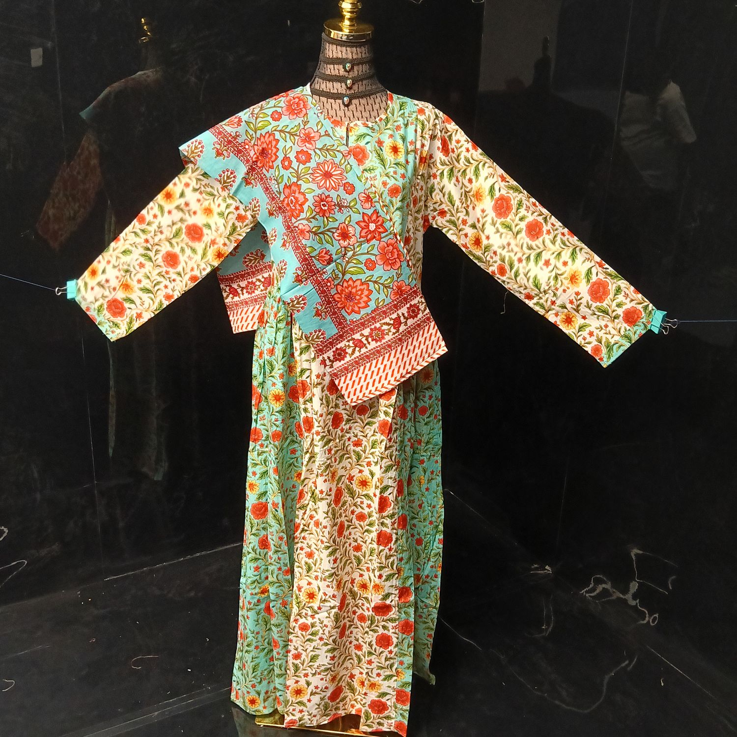 S-M Heba Printed Cotton Dress 57" Long Jalabiya With Sheila