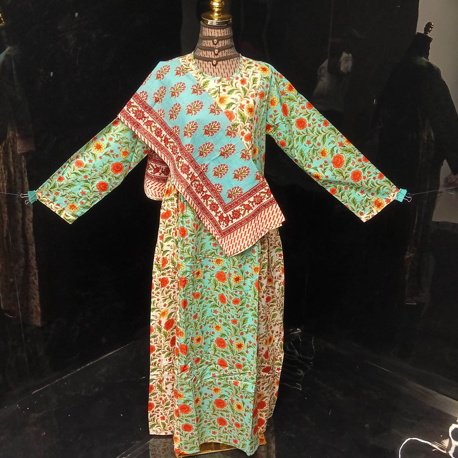 S-M Heba Printed Cotton Dress 57" Long Jalabiya With Sheila