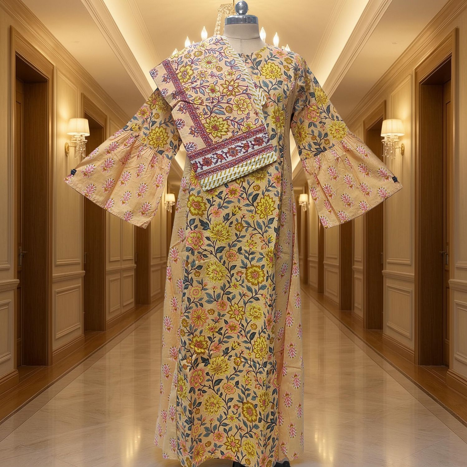 S-M Cotton Printed Marry Dress 56" Long Jalabiya With Sheila