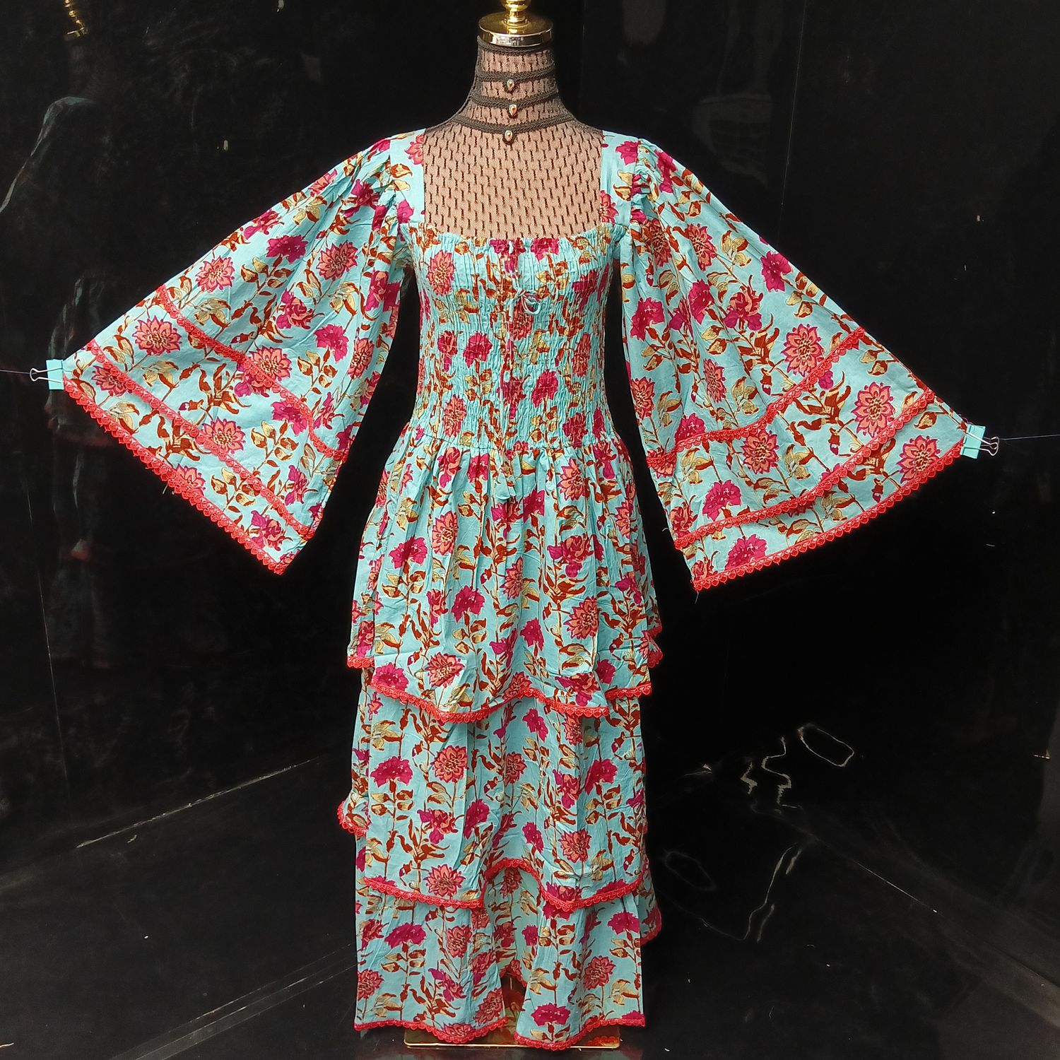S/M Rahima Printed Cotton Dress 57" Long Jalabiya