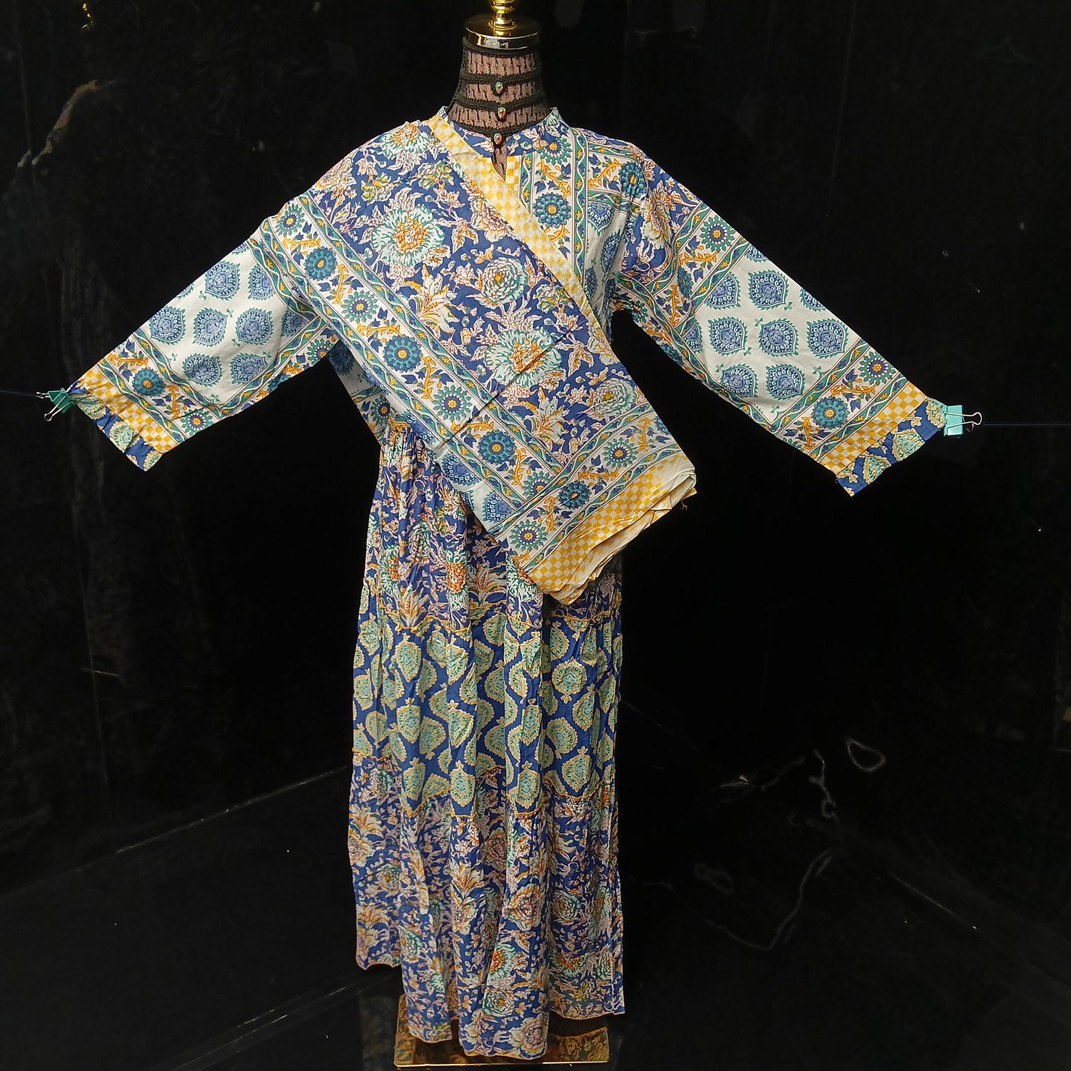 S-M Afifa Printed Cotton Dress 57" Long Jalabiya  With Sheila