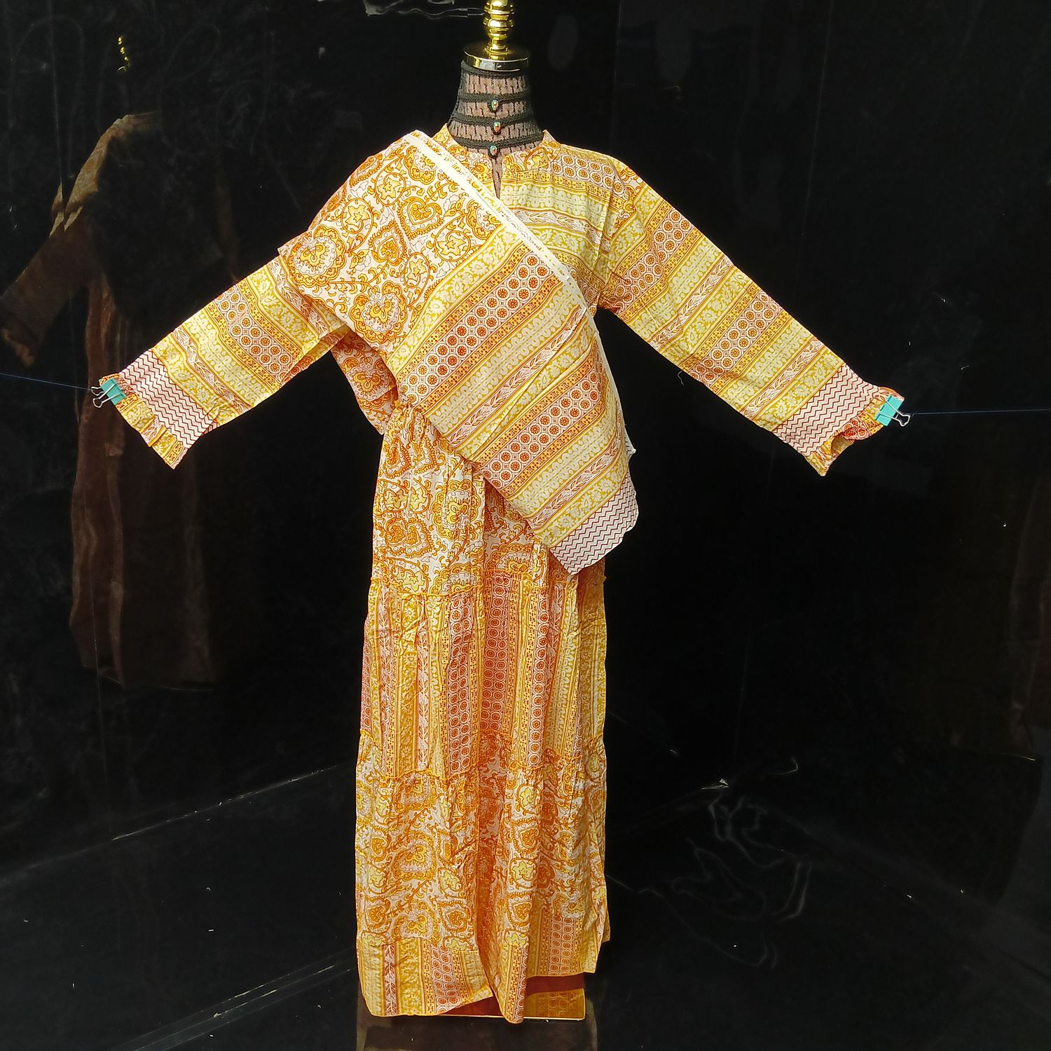 S-M Afifa Printed Cotton Dress 57" Long Jalabiya  With Sheila