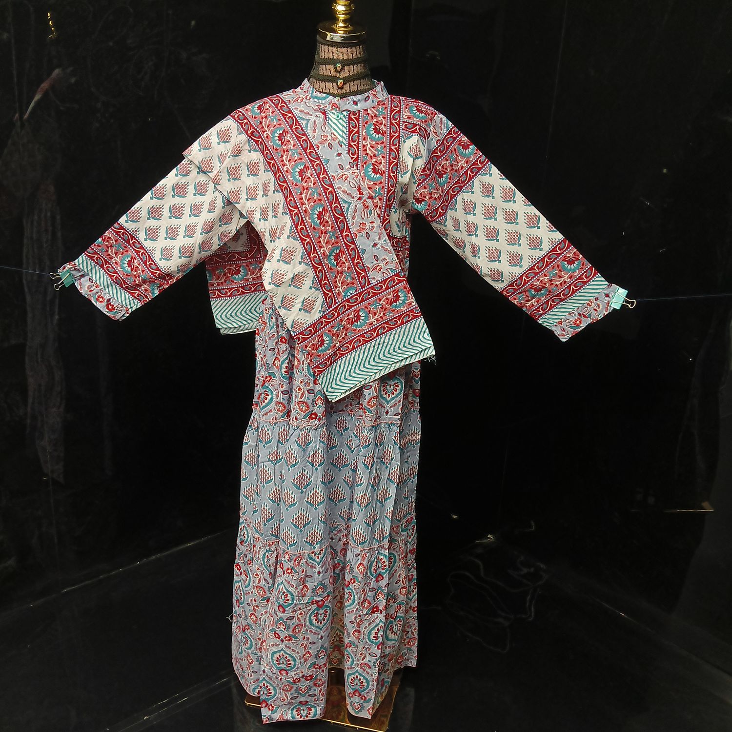 S-M Afifa Printed Cotton Dress 57" Long Jalabiya  With Sheila