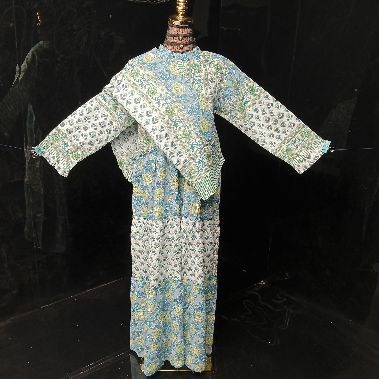 S-M Afifa Printed Cotton Dress 57" Long Jalabiya  With Sheila