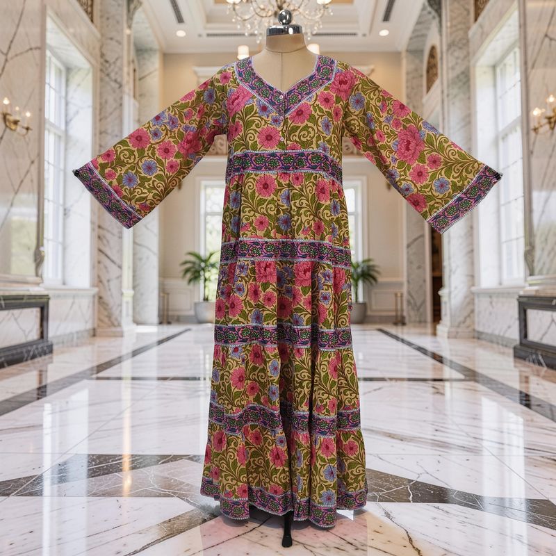 10-11 Year Huda Printed Cotton Girls Dress 45" Long Jalabiya JP