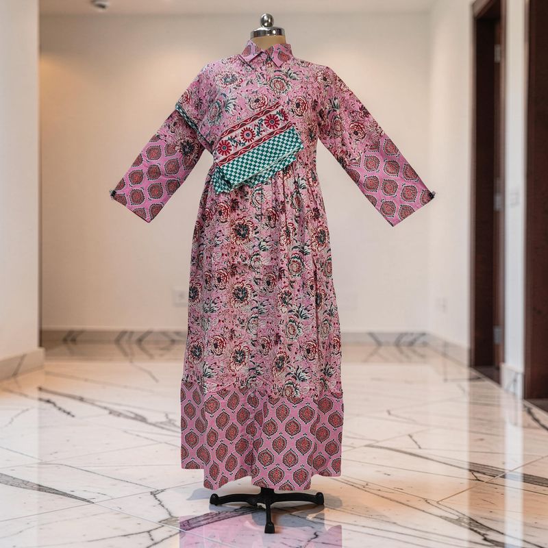 XS-S Ana Printed Cotton Dress 54" Long Jalabiya With Sheila JP