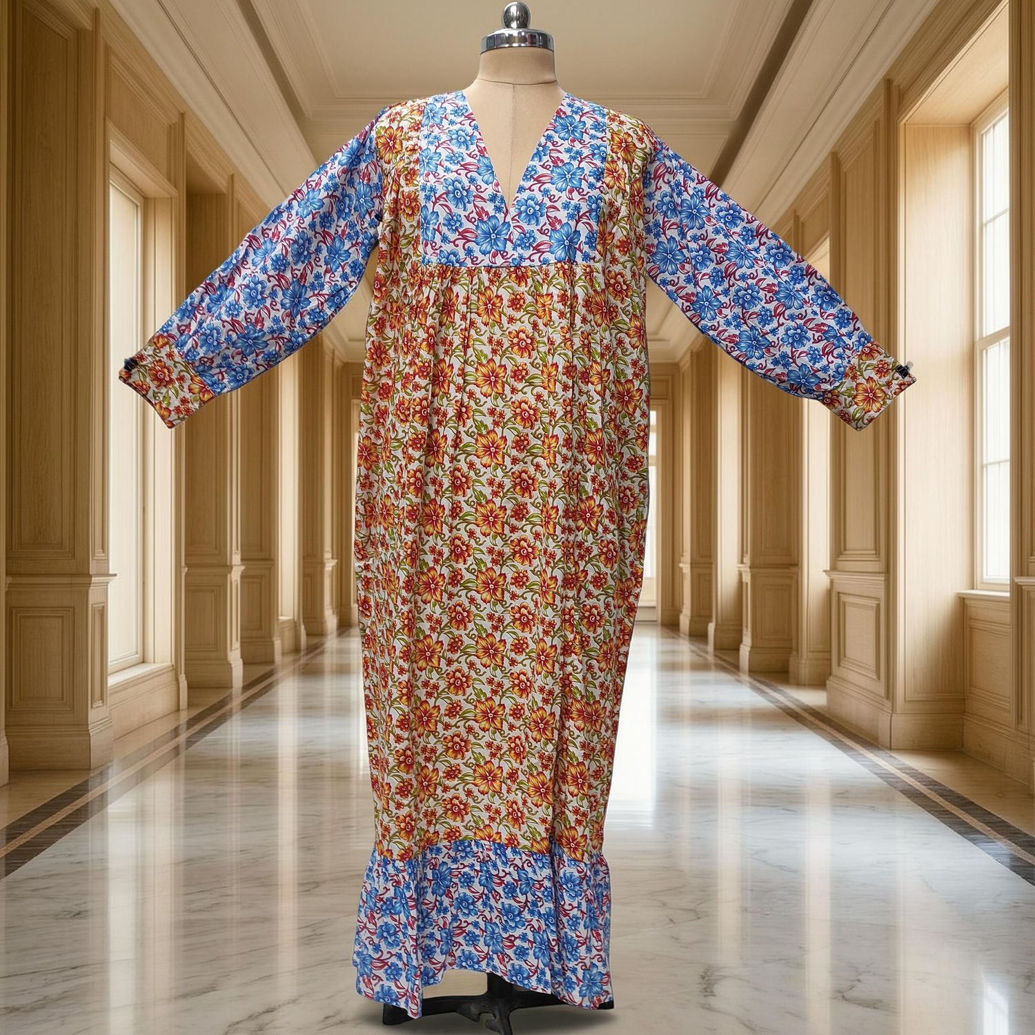 2XL-3XL Yamana Printed Cotton Dress 57" Long Jalabiya