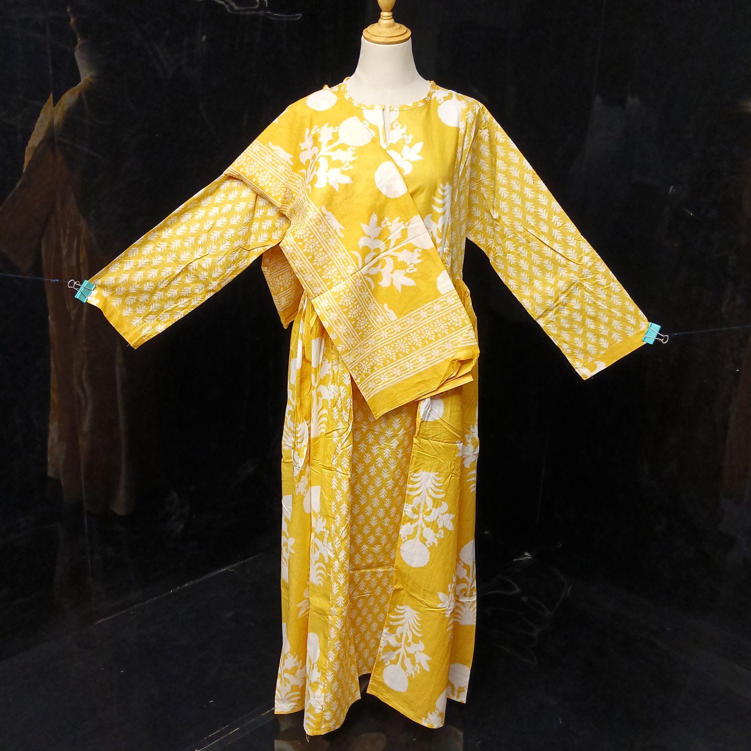 L-XL Heba Printed Cotton Dress 57" Long Jalabiya With Sheila