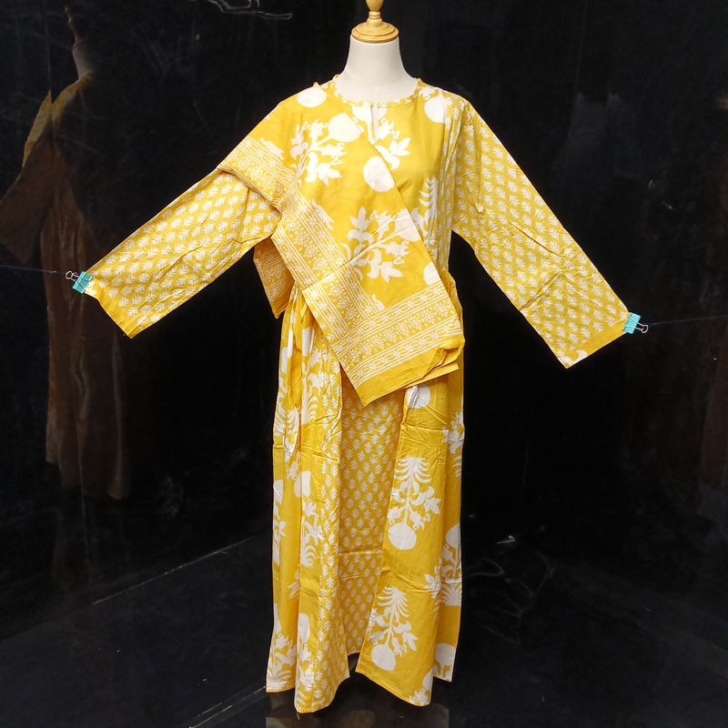 L-XL Heba Printed Cotton Dress 57" Long Jalabiya With Sheila