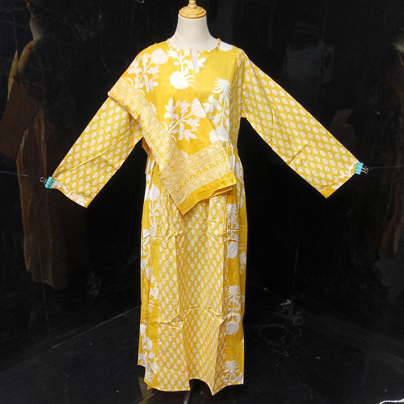 L-XL Heba Printed Cotton Dress 57" Long Jalabiya With Sheila