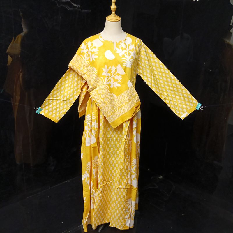 S-M Heba Printed Cotton Dress 57" Long Jalabiya With Sheila