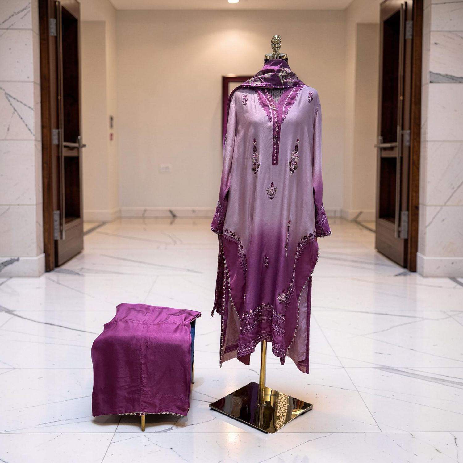 L-XL Sheelys fabric pure silk khaadi embroidered shirt with thread and dabka work with sheila  and trouser 3 PCs Set by