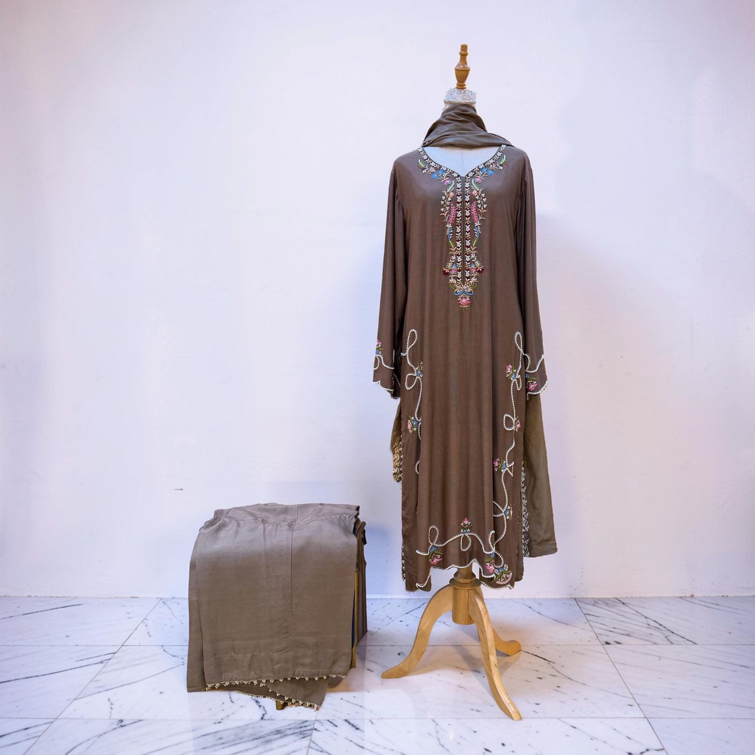 L-XL Sheelys fabric pure silk khaadi embroidered shirt with thread and dabka work with sheila  and trouser 3 PCs Set by