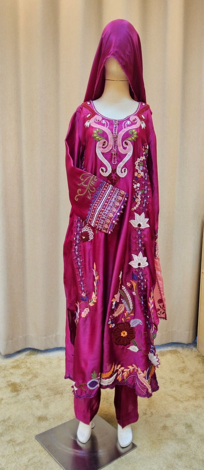L-XL Sheelys fabric pure silk khaadi embroidered shirt with thread and dabka work with sheila  and trouser 3 PCs Set by