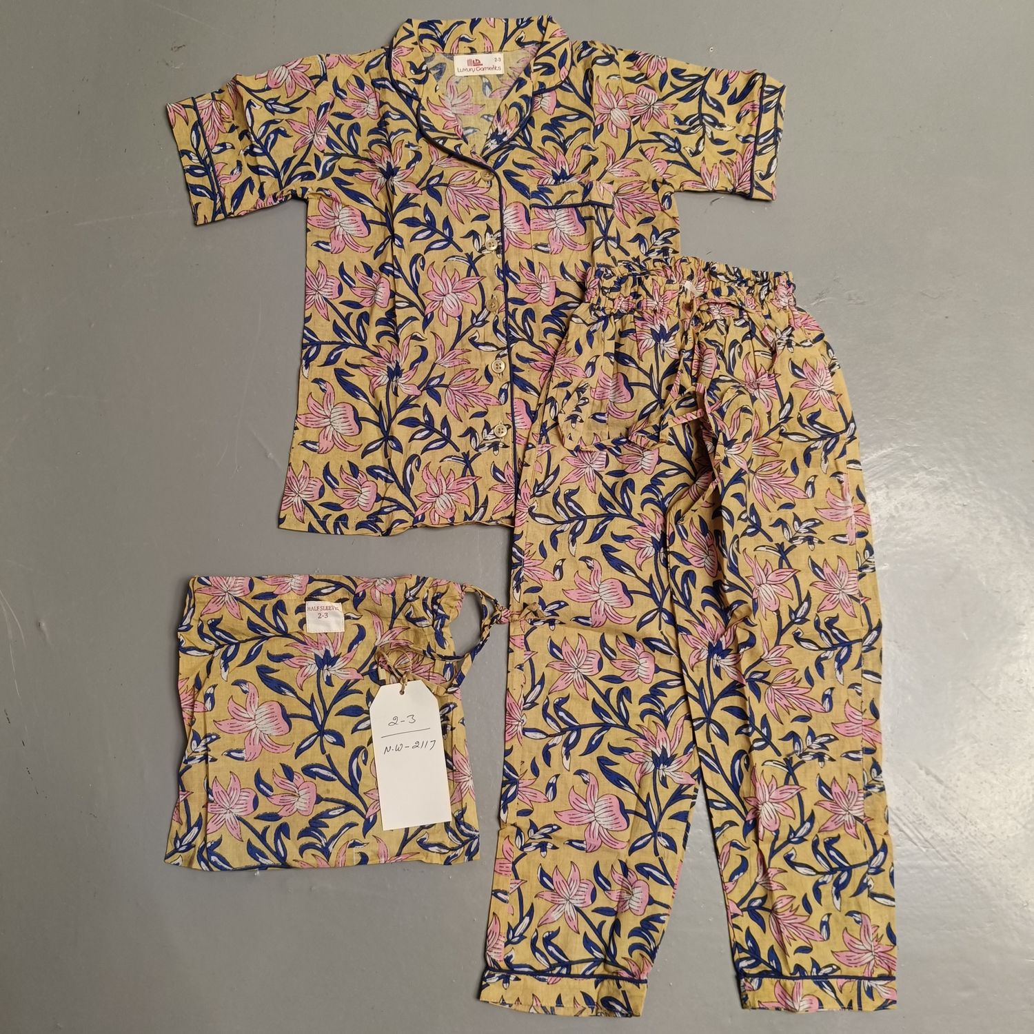 2-3 Year Cotton Half Sleeves Shirt Collar Neck Full Pajama Set