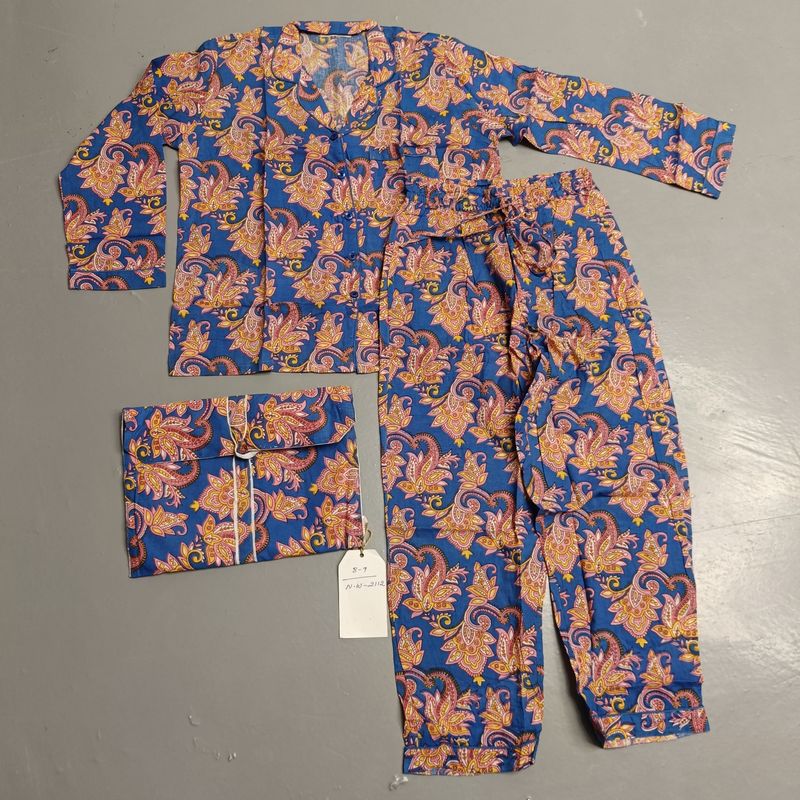 8-9 Year Full Sleeves Full Collar Neck Cotton Blue Pajamas Set