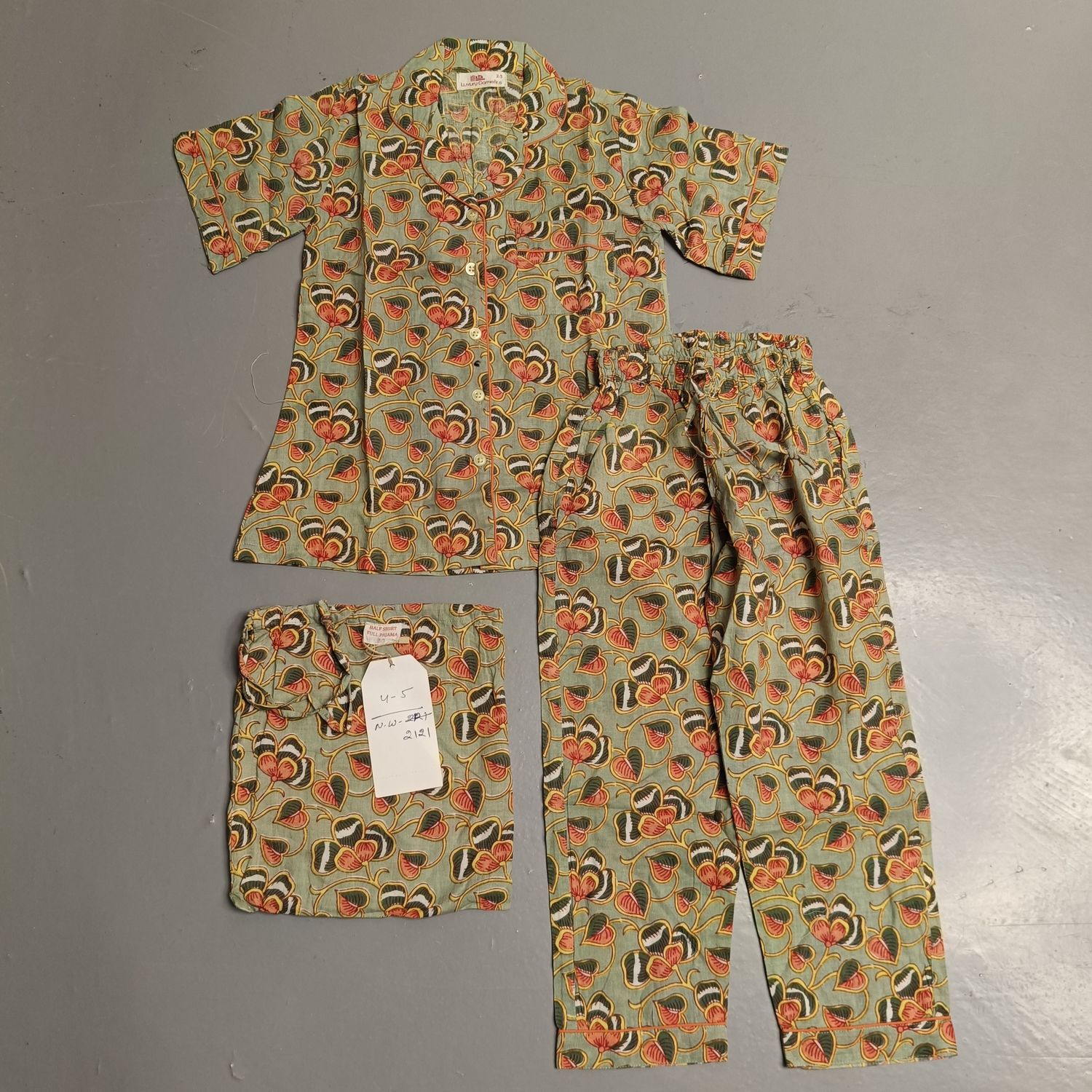 4-5 Year Cotton Half Sleeves Shirt Collar Neck Full Pajama Set