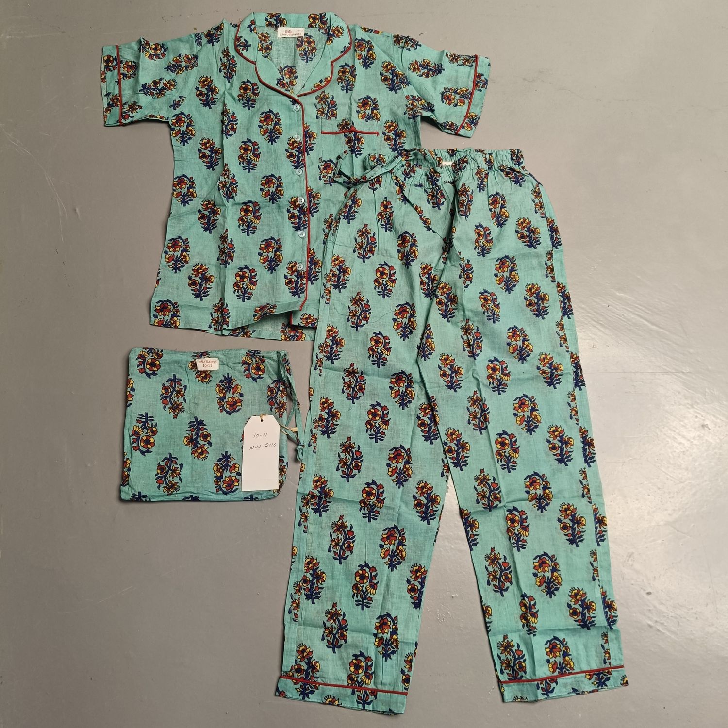 10-11 Year Cotton Half Sleeves Shirt Collar Neck Full Pajama Set