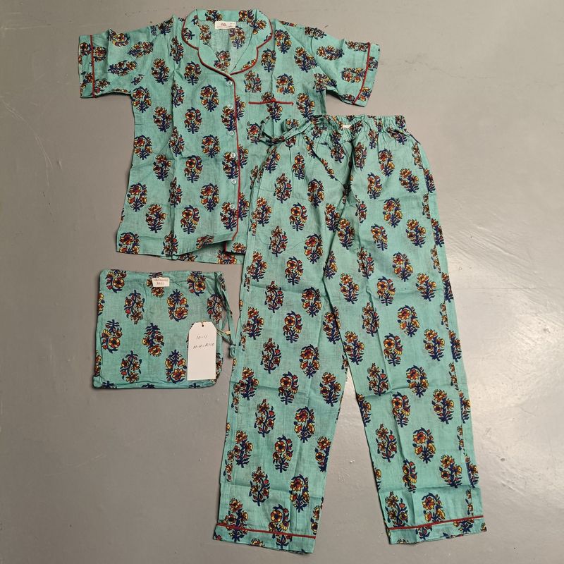 10-11 Year Cotton Half Sleeves Shirt Collar Neck Full Pajama Set