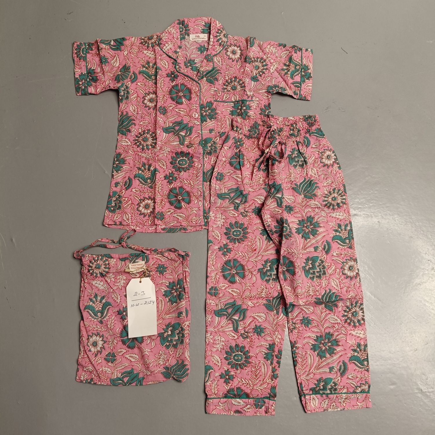 2-3 Year Cotton Half Sleeves Shirt Collar Neck Full Pajama Set