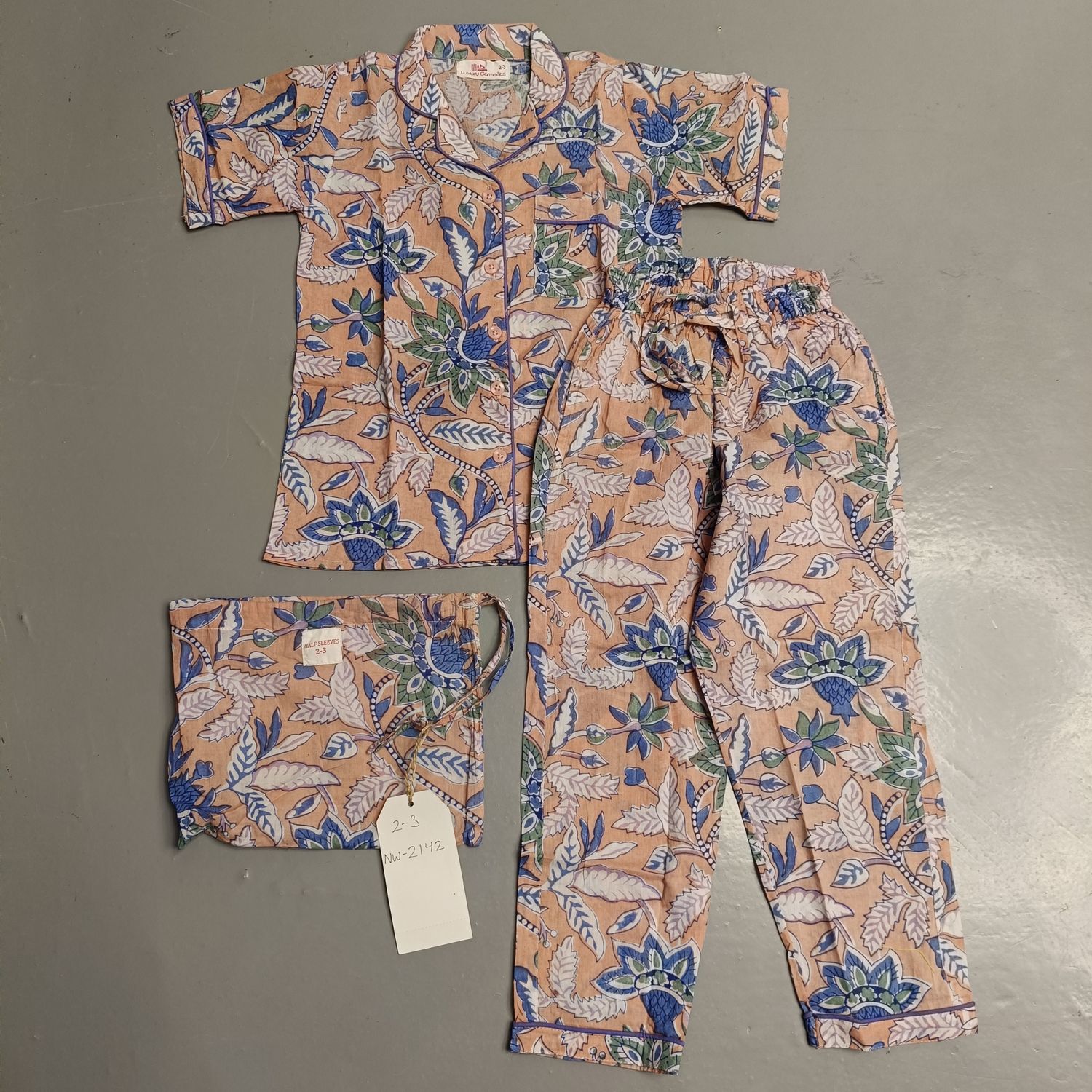 2-3 Year Cotton Half Sleeves Shirt Collar Neck Full Pajama Set