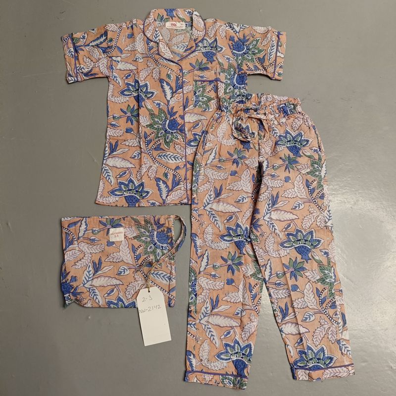 2-3 Year Cotton Half Sleeves Shirt Collar Neck Full Pajama Set