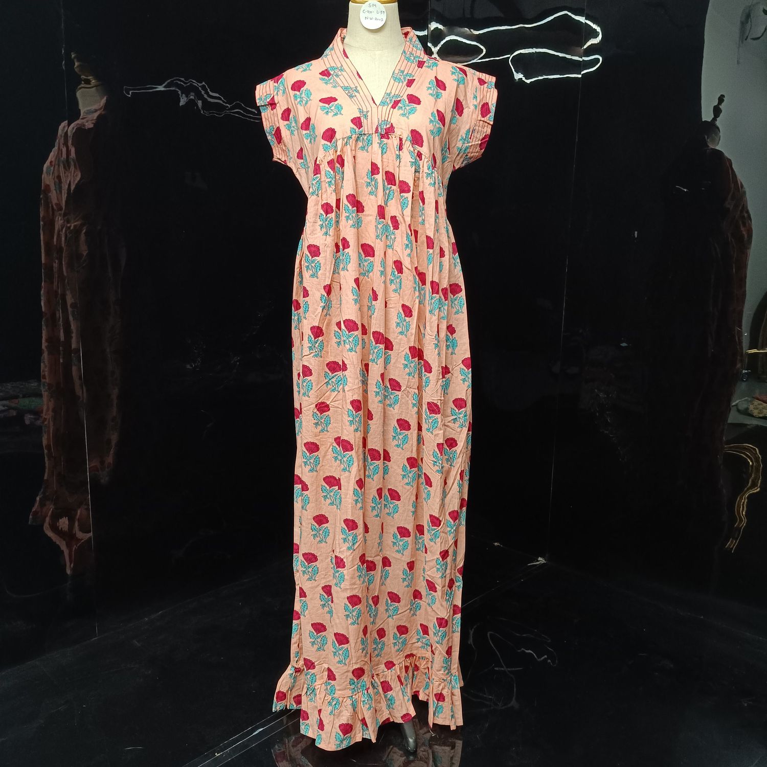 S-M Amani Printed Cotton Dress 57" Short Sleeves Jalabiya