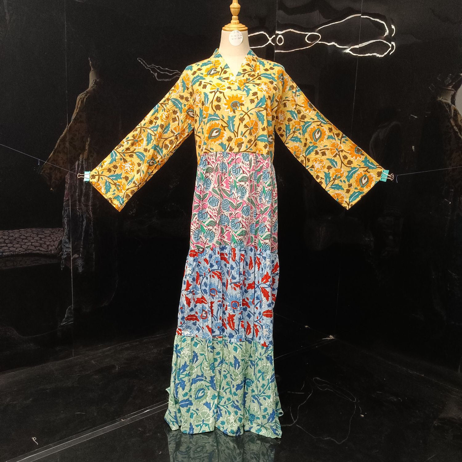 S/M Maldives Blue Printed Cotton Dress 57" Long Jalabiya